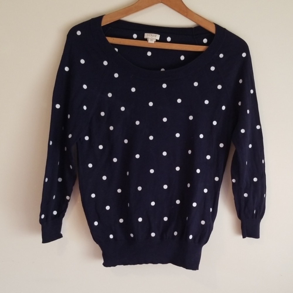 Navy blue polka dot J. Crew scoop neck sweater